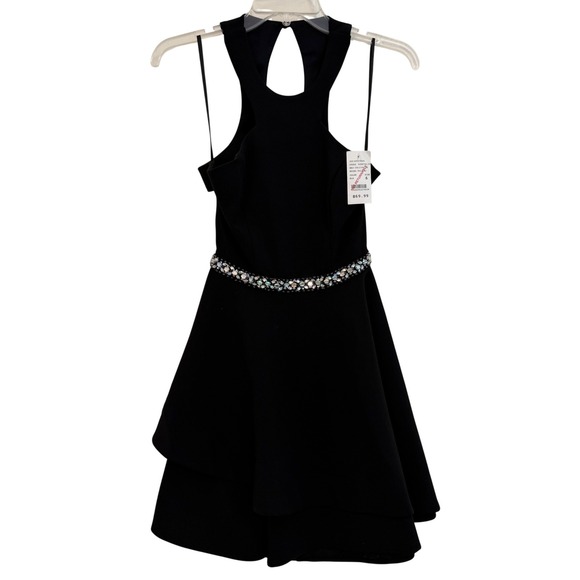 B. Darlin Black A-Line Halter Dress Rhinestone Waist Tiered Skirt Size 6 NWT